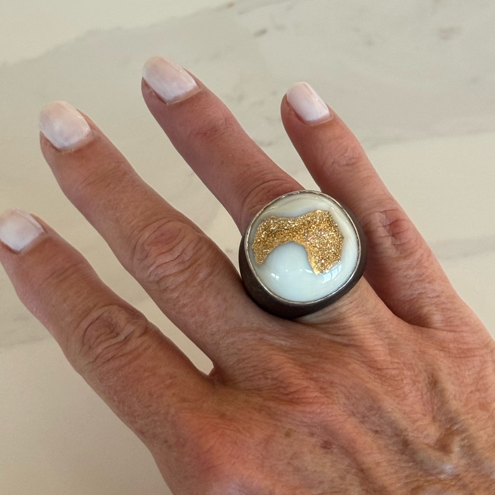 STUNNING • Natural Golden Druzy Agate Geode Ring